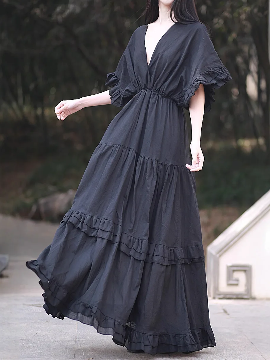 Tiyihailey verão com decote em v vestidos de algodão feminino manga curta alargamento branco longo maxi roupas femininas moda 2025 preto dupla camada