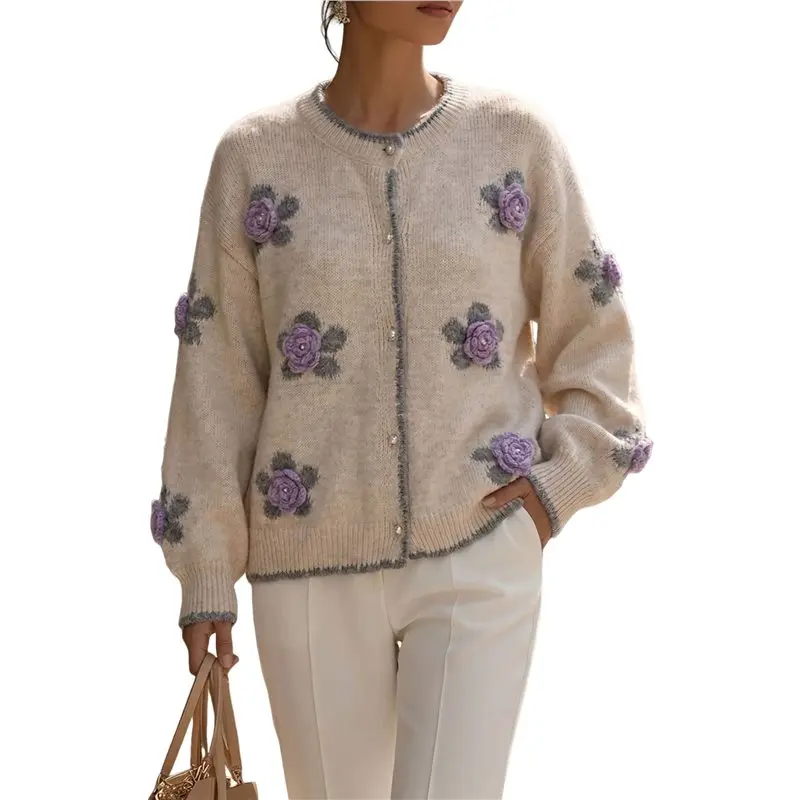 Women 3D Floral Applique Pearl Button Scalloped Trim Crew Neck Knit Cardigan Rice Apricot Color XL Eco-Friendly
