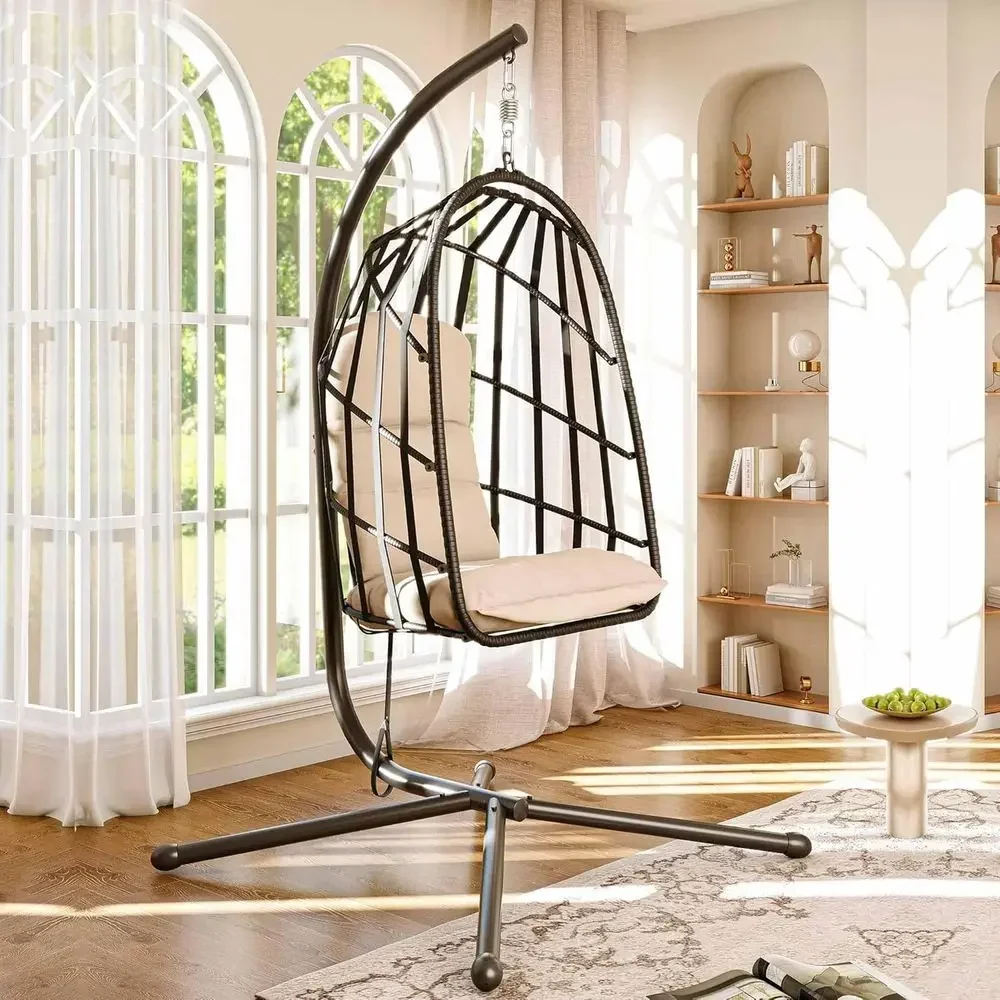 Indoor/Outdoor Hanging Egg Chair with Thick Cushions, Durable Rattan Swing Hammock for Home, Garden, 350 lbs Capacity (Beige)