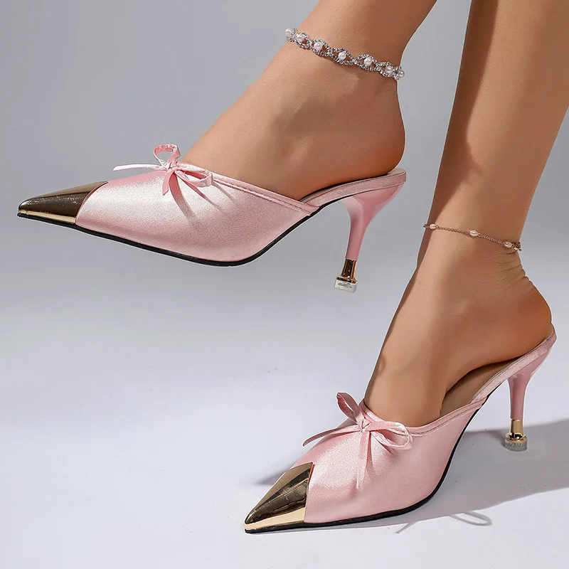 Bowtie Decor Pink High Heel Sandals Women 2026 Summer Metal Pointed Toe Thin Heels Slippers Woman Luxury Silk Ladies Party Shoes view 2