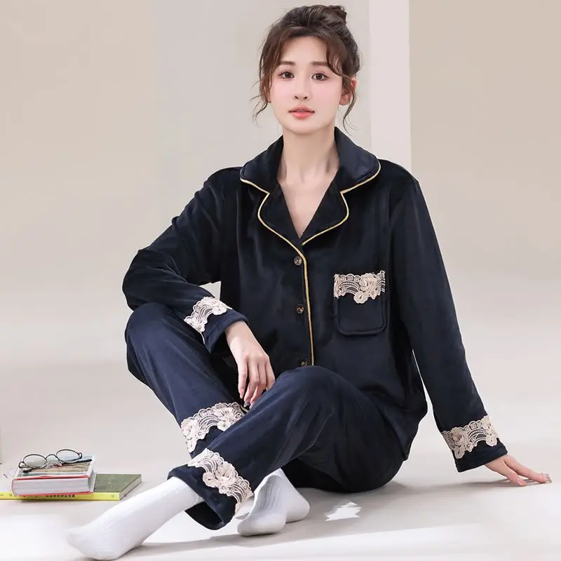 

Women Pajamas Spring Autumn Female Island Velvet Large Size Long Sleeve Homewear Casual Simple Comfortable Nightgown Suit 2024