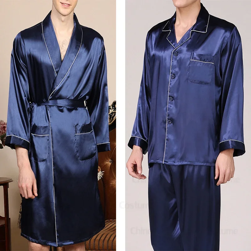 Large Size 3XL 4XL 5XL Robe Pajamas Suit Men Silk Stain Nightwear Outfit Blue Kimono Bathrobe Print Peignoir Pant Shorts Pijama