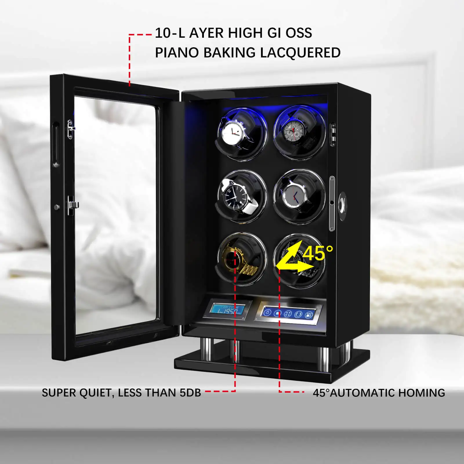 Fingerprint Unlock Automatic Watch Winder with 3/4/6/8/12 slot Touchscreen Remote Control Mabuchi Motor Watch Safe Box