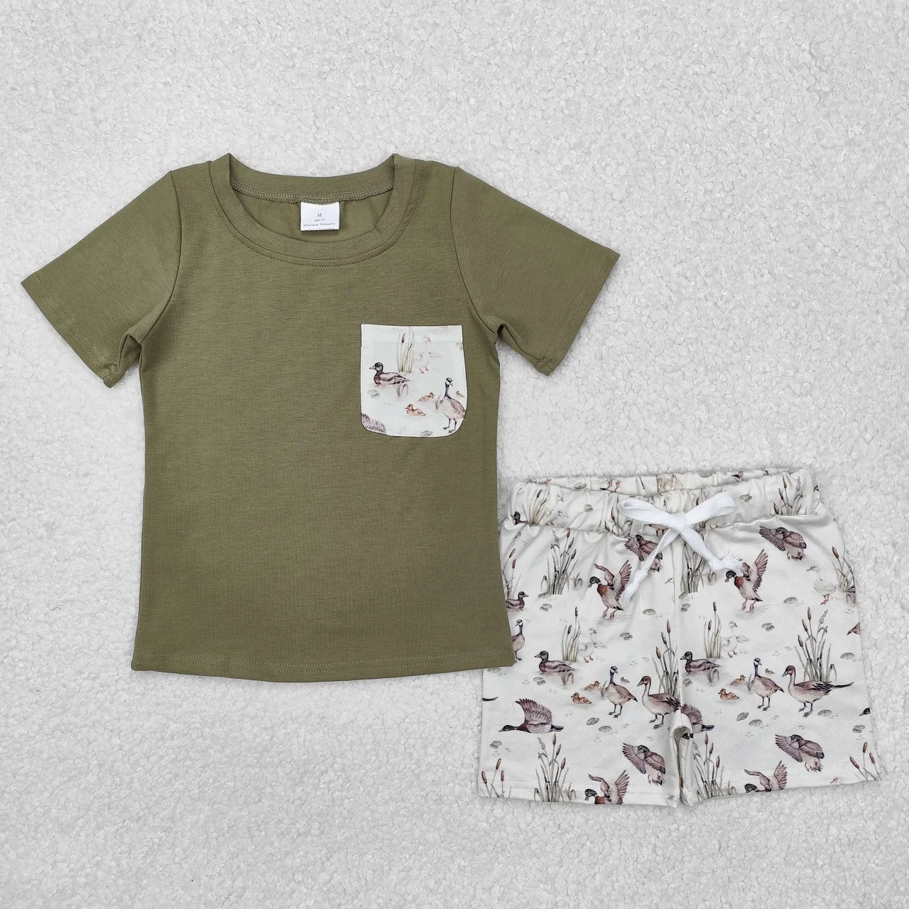 Wholesale Children Short Sleeves Pocket Buttons Green Tee T-shirts Toddler Infant Ducks Shorts Clothes Outfit Kids Baby Boy Set