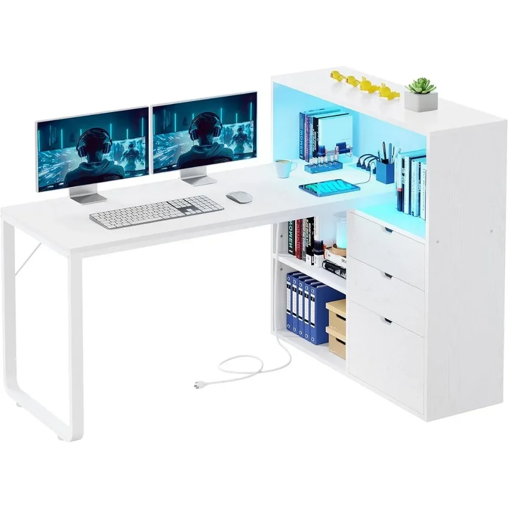 Mesa y archivador en forma de L con toma de corriente y luces LED, mesa esquinera grande para escritorio de computadora de 55", 3 estantes de almacenamiento