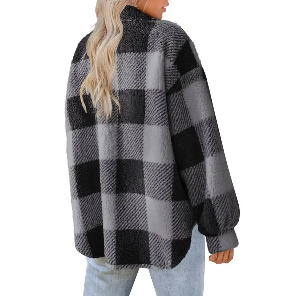 Autumn Winter Women Pocket Plaid Lamb Wool Jackets Girl Button Plush Coats Female Warm Coldproof Streetwear Faux Fur Outerwear