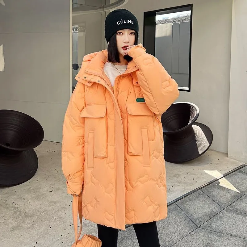 2023 New Women Down Jacket Winter Coat Female Mid Length Version Parkas Loose Thick Warm Outwear Hooded Leisure Time Overcoat