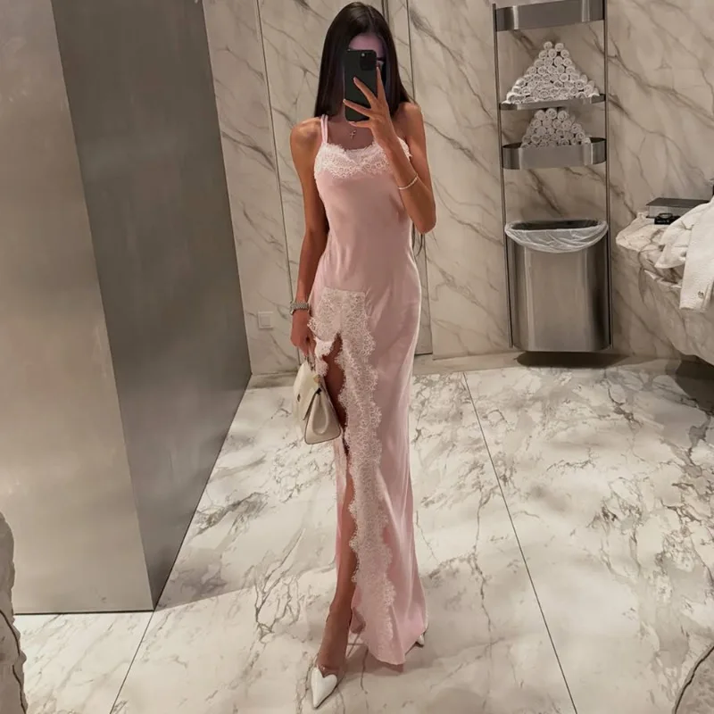 

Talenza Women Lace Long Dress Fashion Lace Patchwork Sleeveless Backless Halter Dress Elegant Luxury Slit Party Evening Dresses