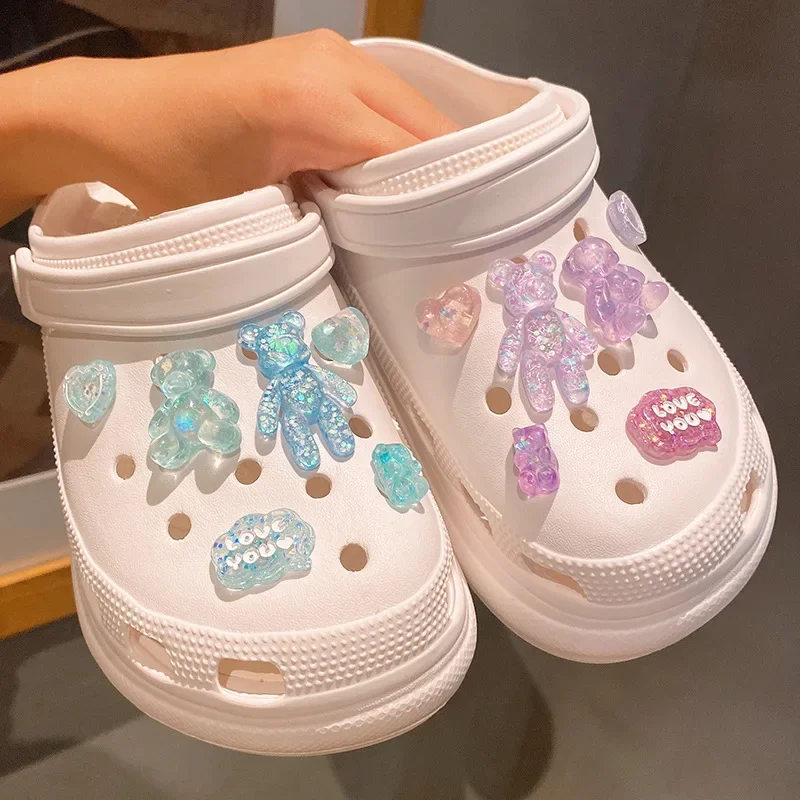 New 12pcs/set Glitter Love Bear Novelty Cute Hole Shoes Charms PVC Shoe Decorations Sneakers Slippers Accessories Kid Girl Gift