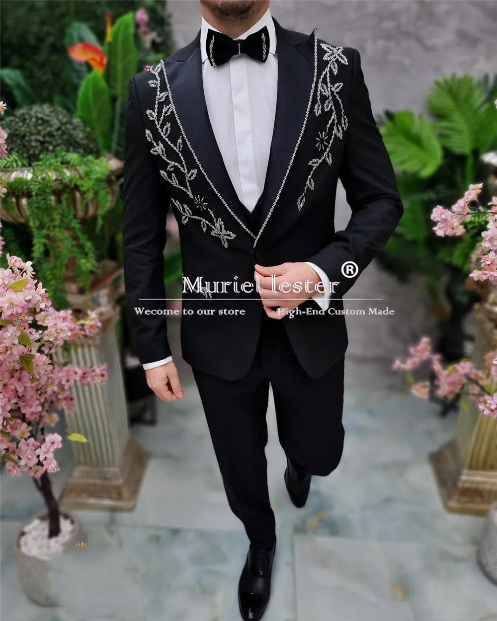 Elegance Sliver Beaded Suits Mens 2 Pieces Sets Male Dinner Prom Blazers Luxury Groom Wedding Tuxedos Skinny Trajes Para Hombre