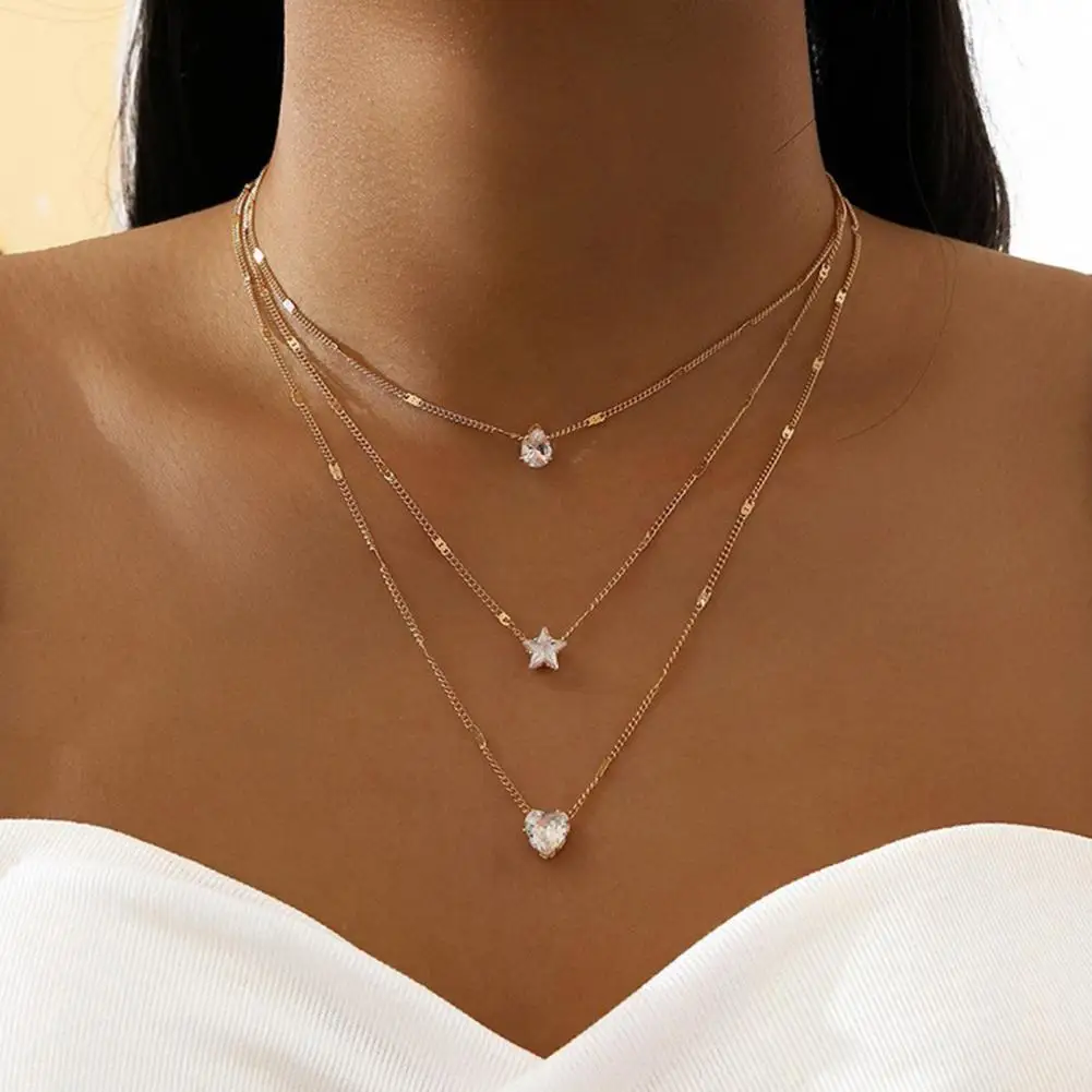 3 Layers Shiny Rhinestone Women Choker Necklace Heart Star Charm Layered Pendant Necklace Elegant Clavicle Chain Fashion Jewelry