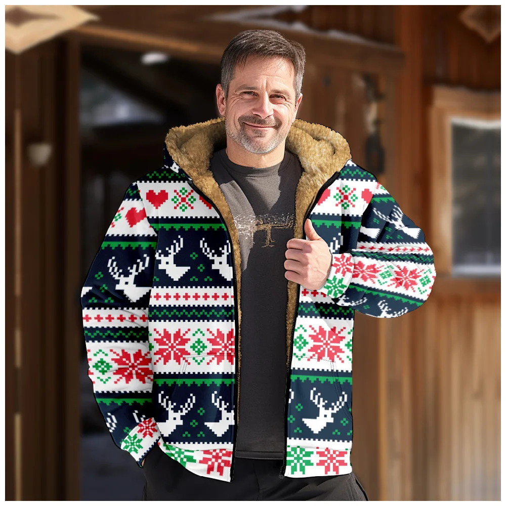 

Men Winter Jackets Coats Christmas Deer Geometric Cardigans Printed Plush Thick Hunting Casual Streetwear Unisex Clothing