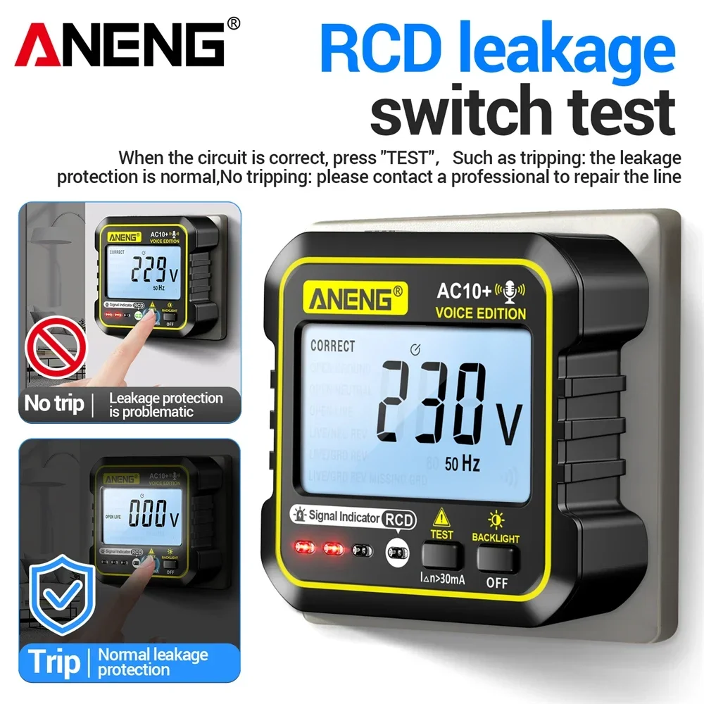 ANENG AC10+ EU Socket Tester Voice Prompt RCD Test Polarity Detection Leakage Protection LCD Display Auto Shut Down Check Tool