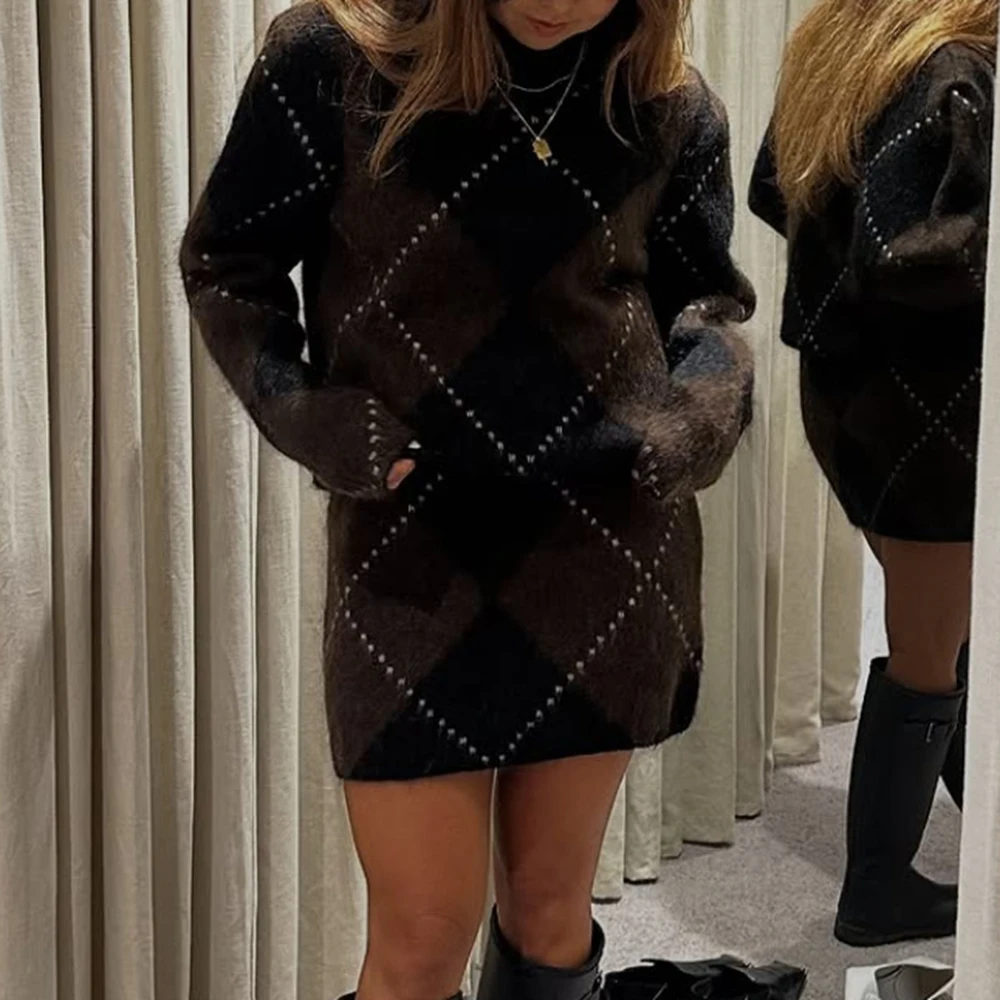 

Женский свободный вязаный свитер с высоким воротником и длинными рукавами, топ с ромбовидным узором, модный осенне-зимний пуловер