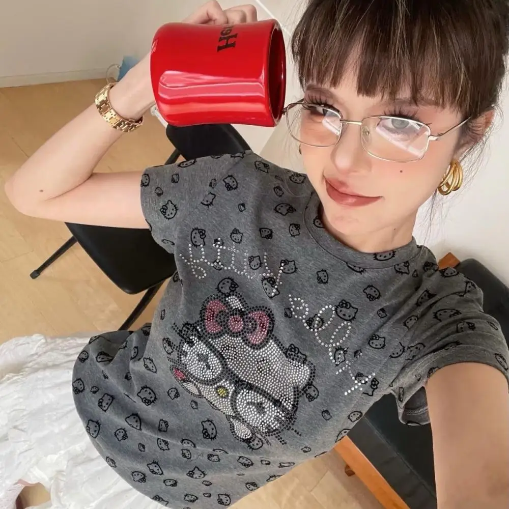 

Sanrio Hello Kitty Short-Sleeved Women Tops Hot Girls New American Rhinestone Kt Cat Summer Print Short Slim T-Shirt Large Size