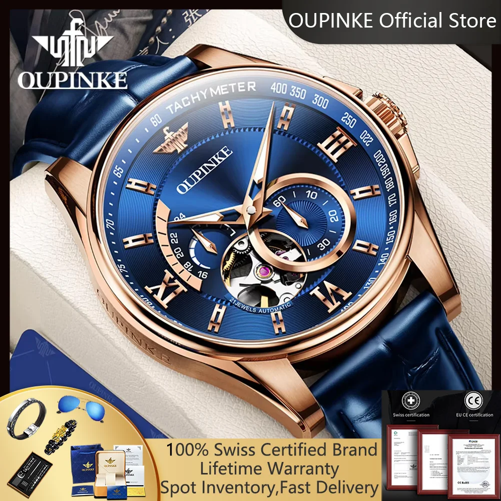 

OUPINKE 3222 мужские часы с полым хронографом, автоматические наручные часы с ремешком из натуральной кожи, водонепроницаемые механические часы для мужчин