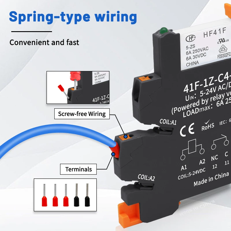 10PCS DIN Rail Relay Module HF 41F With LED 6A Slim Relay 5V 12V 24V High Frequency Relay 41F-5-ZS 41F-12-ZS 41F-24-ZS
