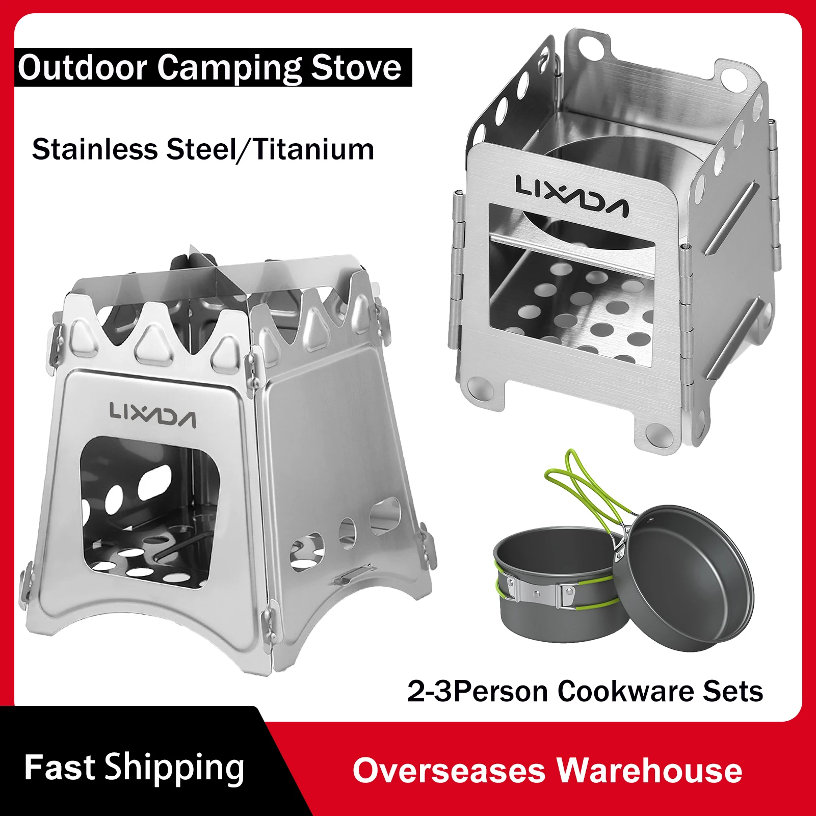 Lixada Folding Titanium/Stainless Steel Wood Stove Portable Lightweight for Outdoor Camping Cooking Furnace and Cookware Sets