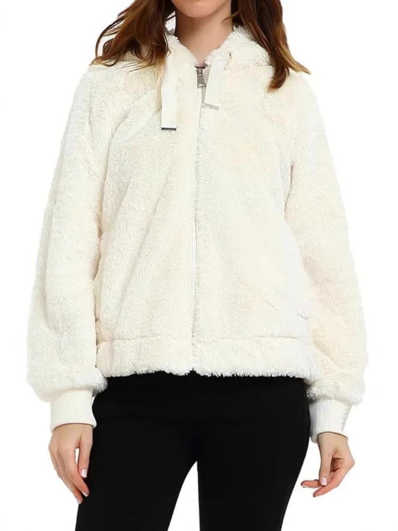 Women's Faux Fur-Effect Coat with Hood Rabbit Fur Pure Color Jacket Top for Spring Autumn