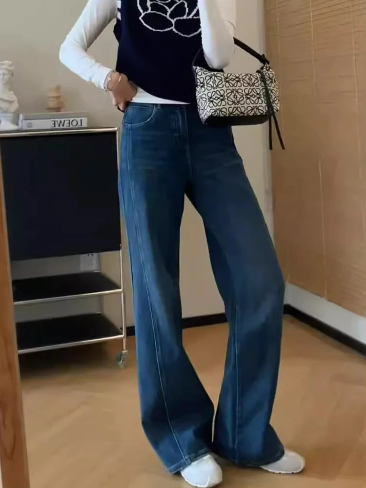 

Blue Elastic Straight Leg Jeans Women's Summer New Loose Slim Wide Leg Pants for Pear aped Body High Waist Long Pants