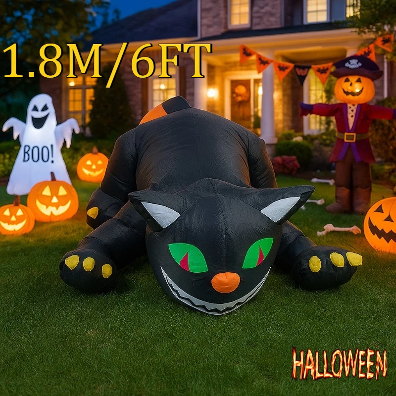 

6FT Inflatable Toys Shaking Head Cat Halloween Model Built-in Green Eyed Red Light LED Inflatable Outdoor Party Garden Decors