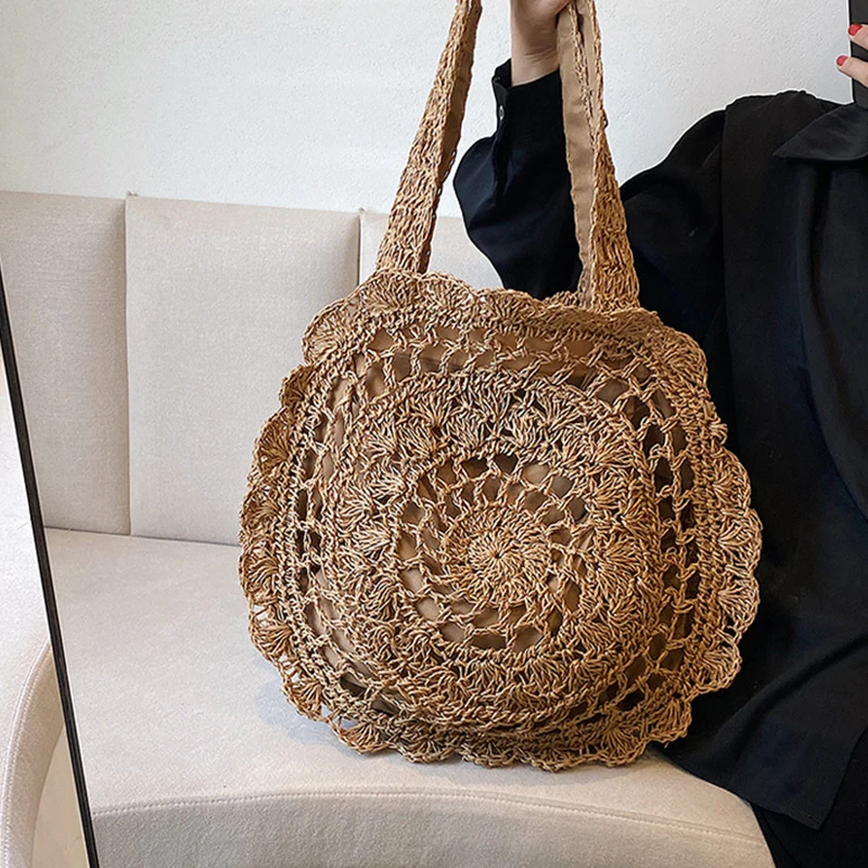 Bohemian Straw Bags for Women Circle Beach Handbags Summer Rattan Shoulder Bags Handmade Knitted Travel Big Totes Bag New