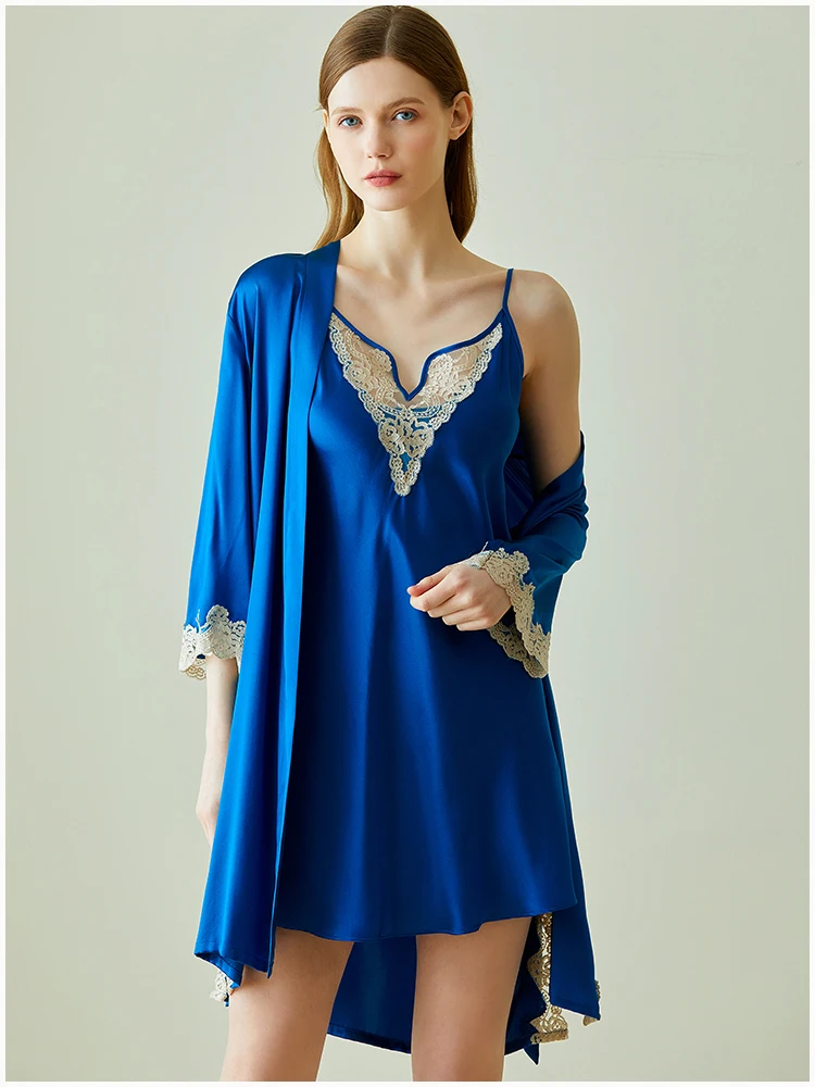 

19 мм 100% шелковый шелковый халат с кружевной отделкой на тонких бретельках, мини-платье, одежда для сна, комплект из 2 предметов, роскошная сексуальная ночная рубашка с v-образным вырезом и халат