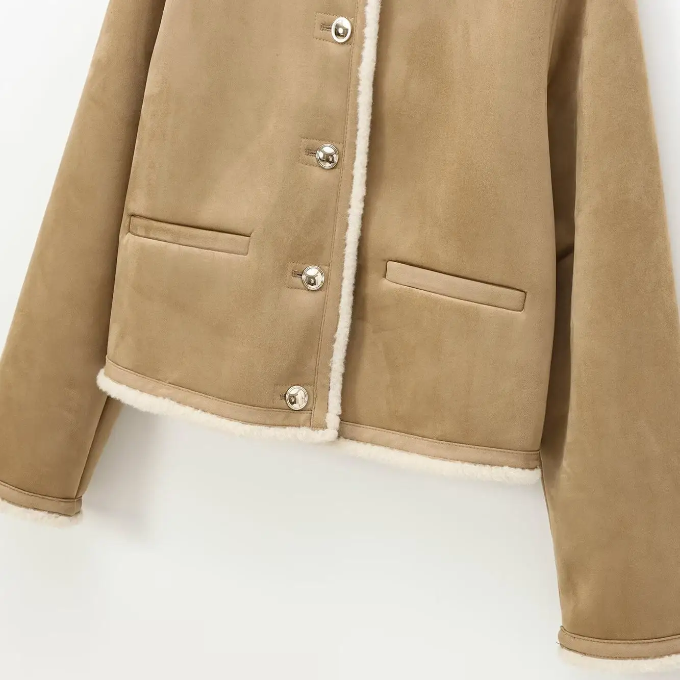 Damski płaszcz dwustronny JNLEAOG, zapinany na guziki, europejski styl, luźny krój, materiał poliestrowy, długa długość rękawów.