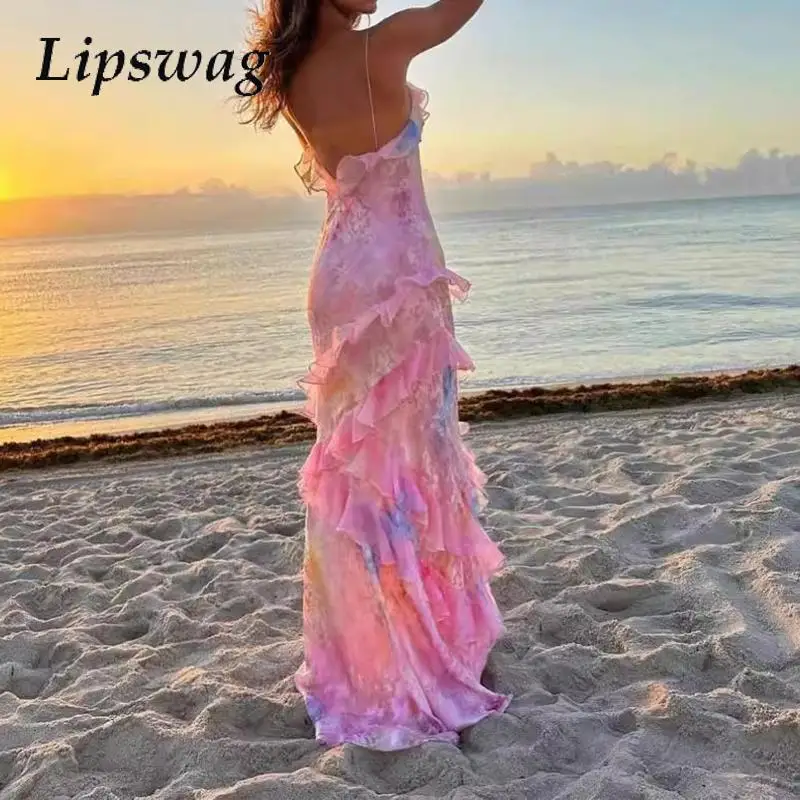 

2025 U Backless Suspender Party Dress Elegant Female Maxi Ruffle Beach Dress Casual Floral Print V-Neck High Street Dress Women