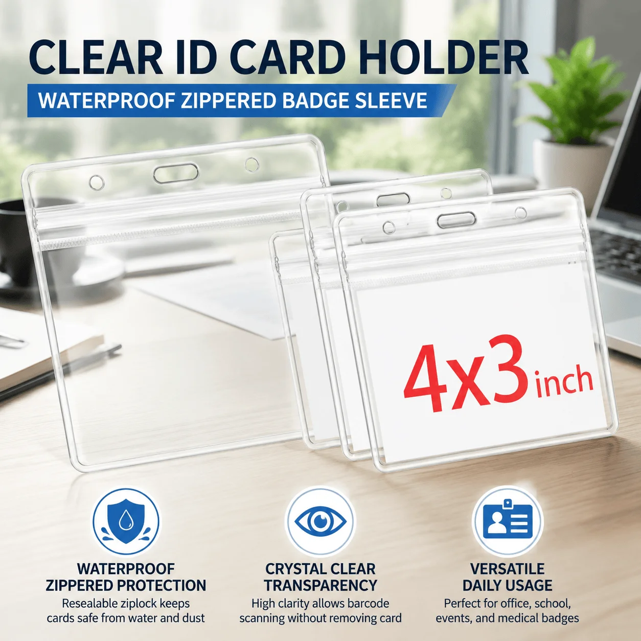 ID Card Holder Waterproof Clear Badge Protector Zippered 4x3 Inch Transparent Name Tag Sleeve Business Office School Daily Use