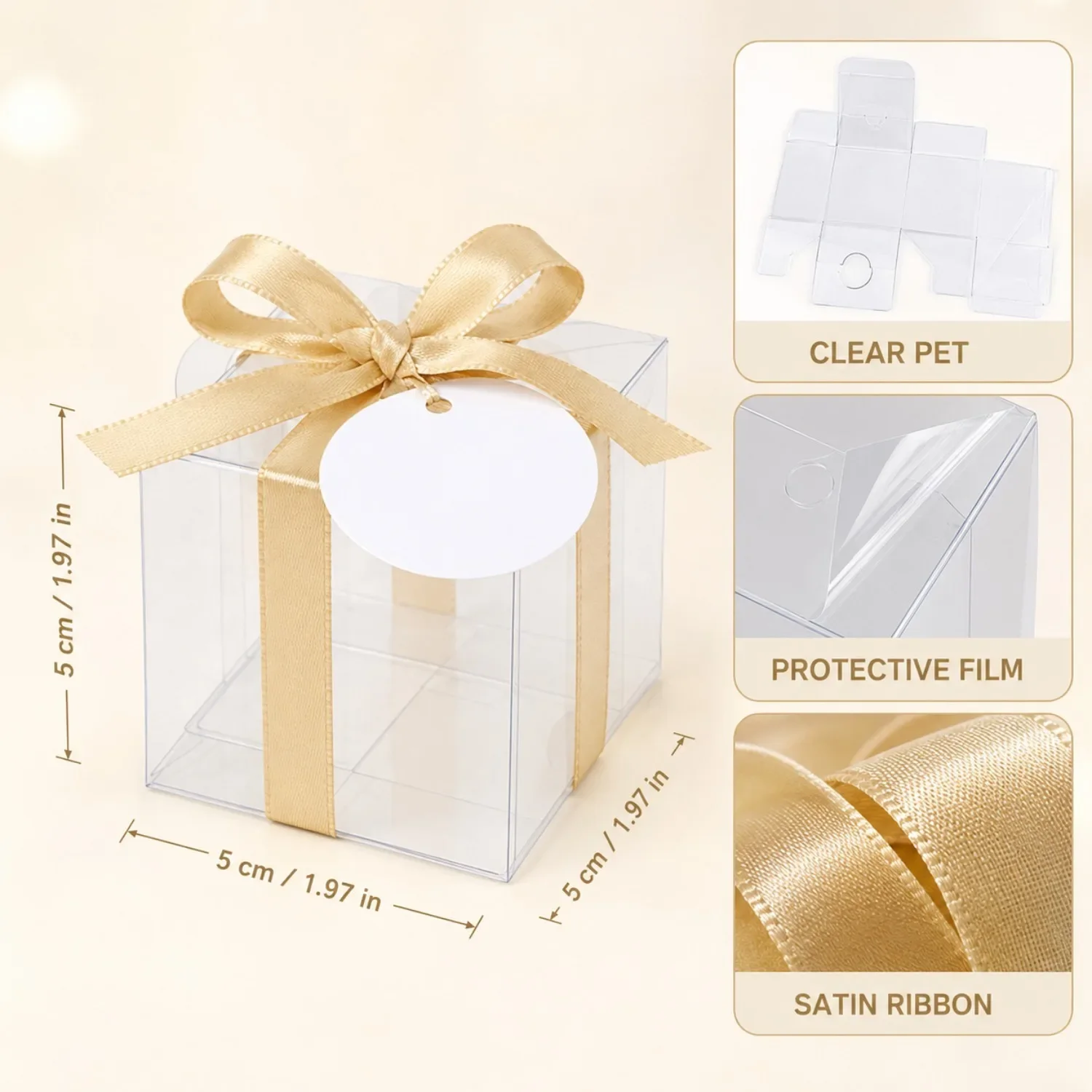 20/50 Transparent Gift Boxes With Gold Wire And Labels, Wedding, Birthday, Baptism, Gift Back Party, Candy Gifts