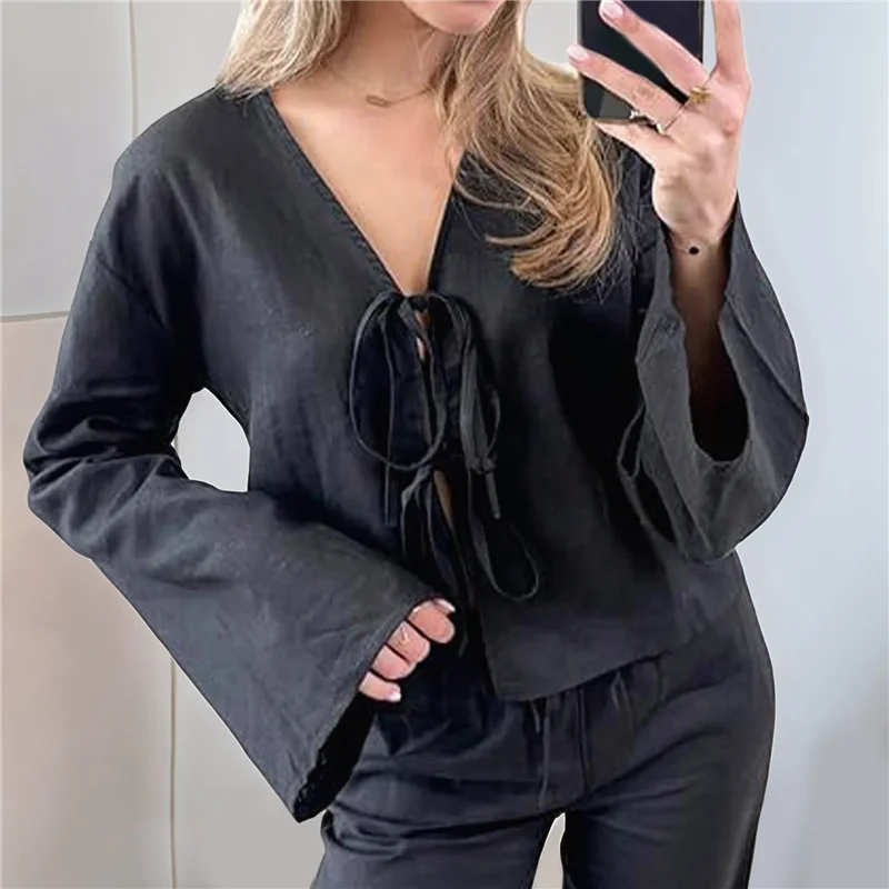 ABP-Tie Front Tops para mujer Y2K Camisas de lino Manga acampanada Cuello en V Ropa para salir Blusas casuales con cordones