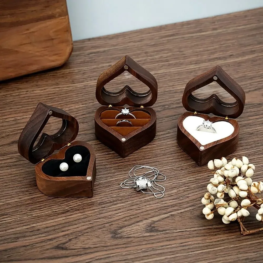 1PC 2026 Heart Shape Walnut Wooden Box Jewelry Box Display Box Engagement Wedding Couples Ring Storage Holder Gifts Case