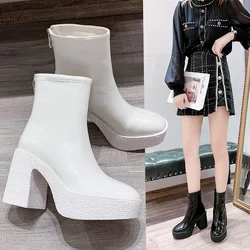 2025 New Elastic Simple Ankle Boots Thick Heels High Heels Female Back Zipper Korean Riding Boots