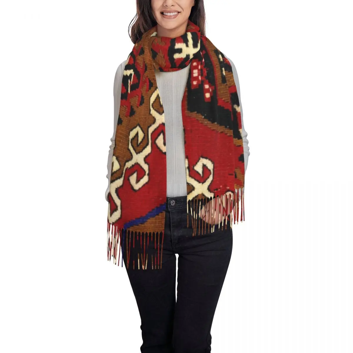 Kilim Navajo Weave Persian Carpet Scarf Wrap Long Winter Warm Tassel Shawl Unisex Bohemian Turkish Tribal Ethnic Art Scarves