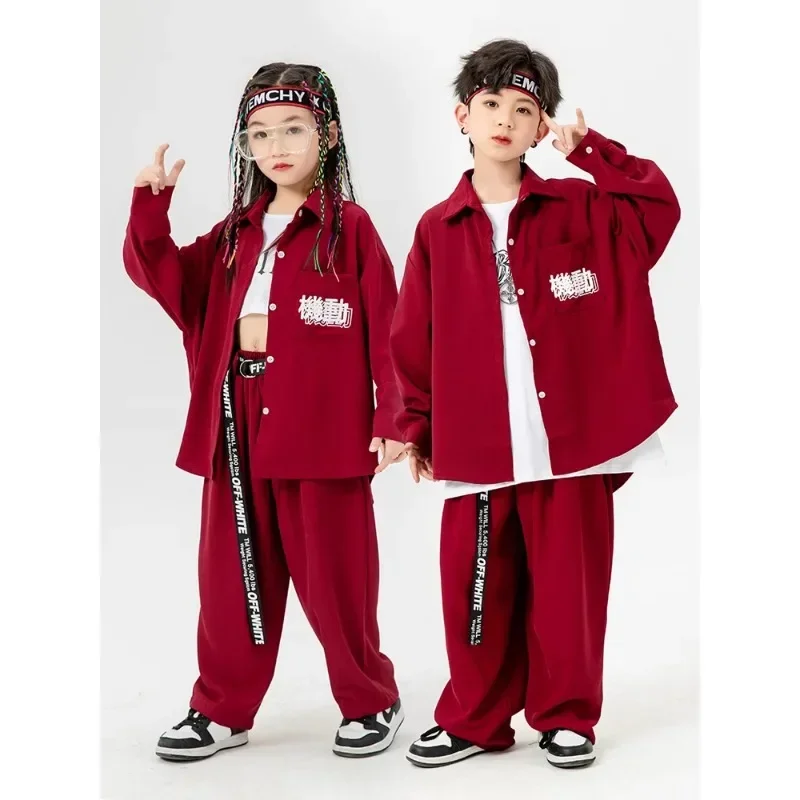 Kid Hip Hop Clothing Wine Red Shirt Jacket Casual Streetwear Cargo Jogger Pants for Girl Boy Jazz Dance Costume Clothes Set