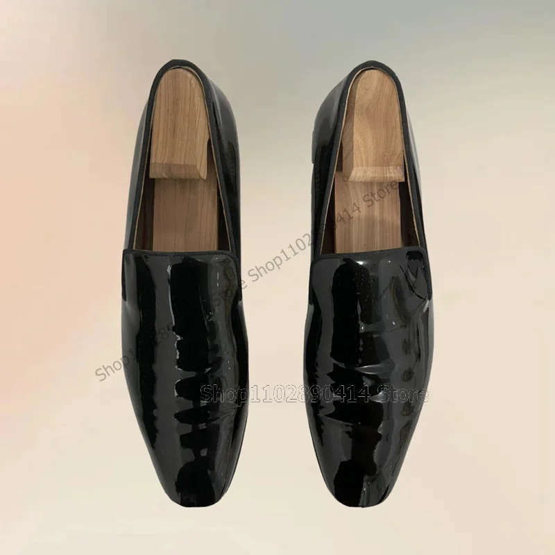 Black Patent Leather Metal Heel Low Top Loafers Fashion Slip On Men Shoes Luxury Handmade Party Office Wedding Men Dress Shoes