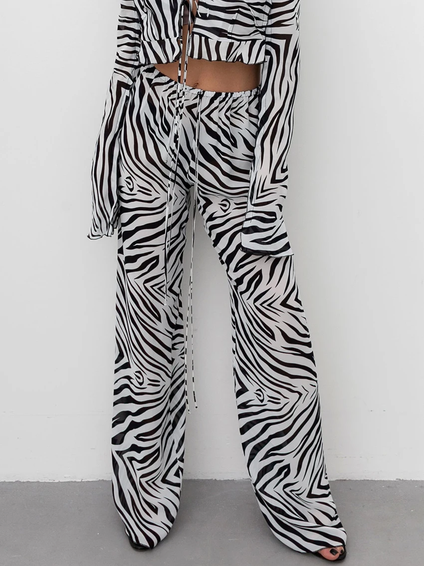 Marthaqiqi Striped Female Pajamas Set Sexy V-Neck Sleepwear Long Sleeve Nightwear Crop Top Lace Up Nightgowns Pants Nightie Suit