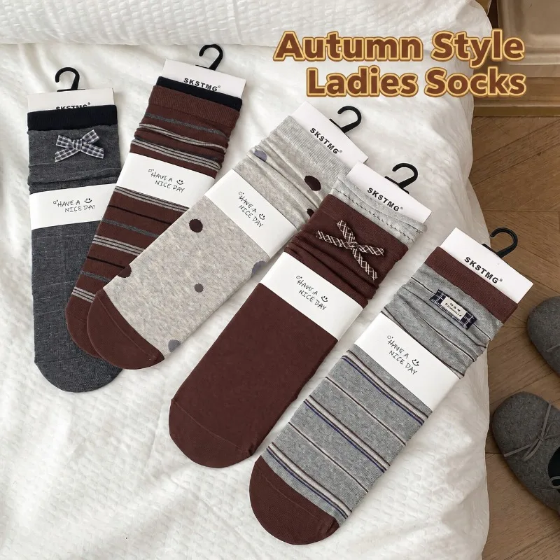 Women Mid Calf Socks Autumn Winter Ins Korean Style Bow Gray Coffee Striped Slouch Socks Versatile Long Hosiery for Ladies Daily