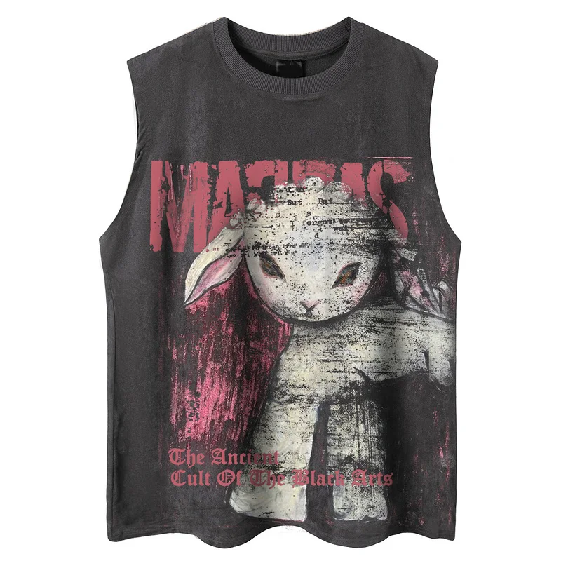 Sports Tank-Top Sleeveless T-shirt Cotton Round Neck Pullover Loose Men's and Women's Same Fun Rabbit Print Trendy SummerFashion