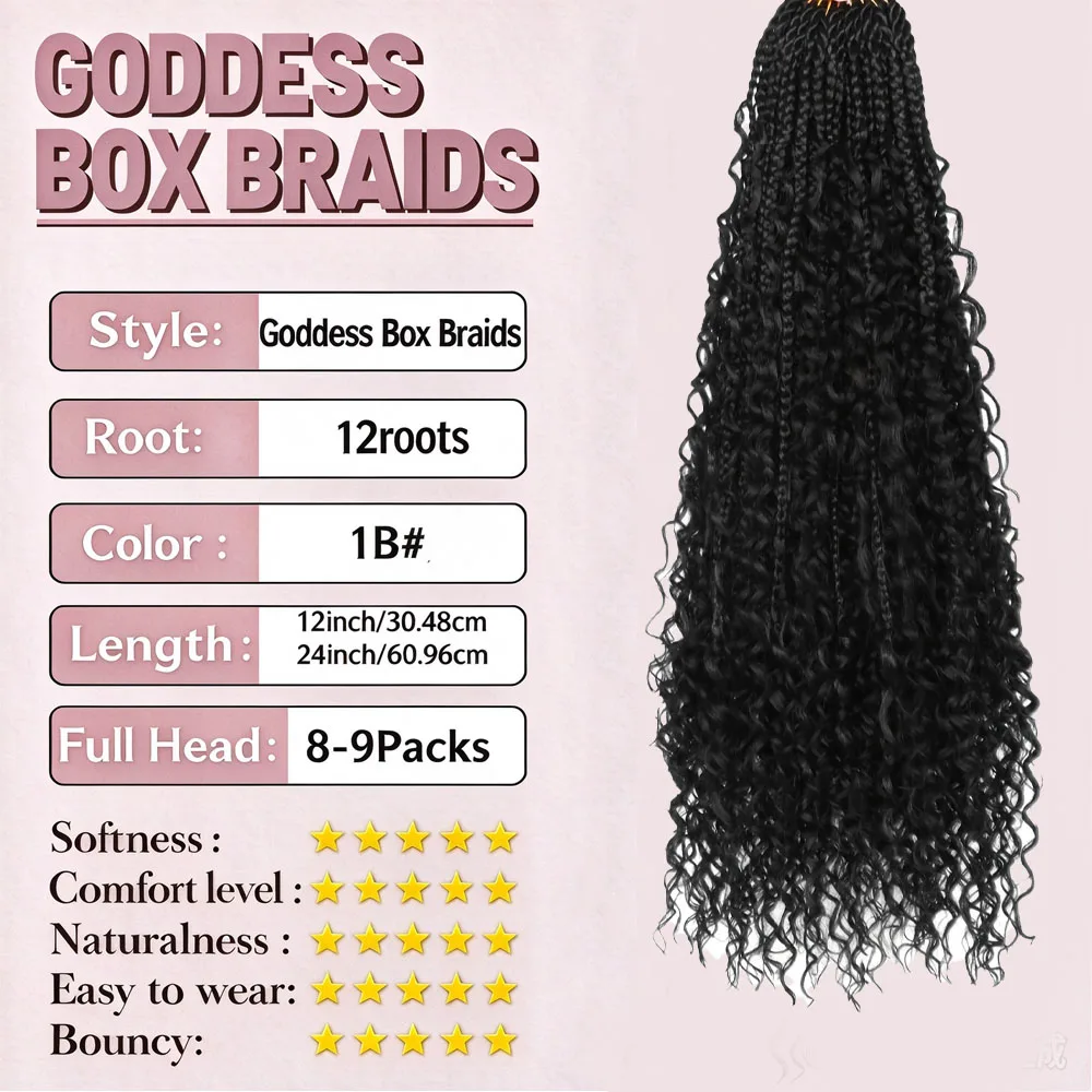 Boho Goddess Box Braids Crochet Hair 8 Packs Pre Looped Curly Ends Synthetic Braiding Hair Extensions 12/24 Inch 1B Black Protective Hairstyle for Women Daily Festival