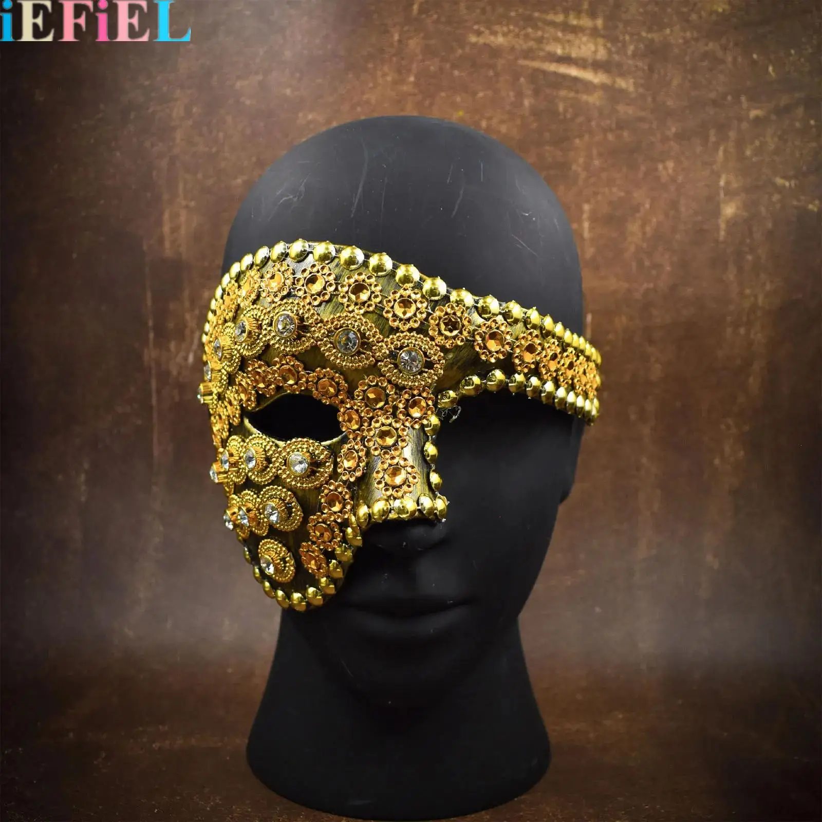 

1Pcs Vintage One-eyed Half-face Rhinestones Mask Or Men Venetian Mask Opera Mask for Party Costume Mardi Gras Ball
