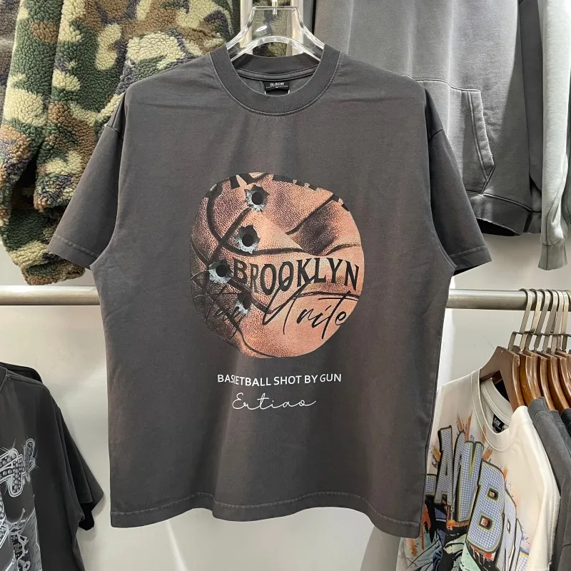 Washed Casual round Neck Short Sleeve Basketball Print Oversize Men's T-shirt Cotton Comfortable Loose Fit Vintage Style