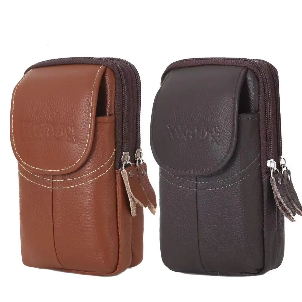 

Cowhide Leather Outdoor Sports Waist Bag Solid Color Vertical Mobile Phone Pouch Multi-layer Cards Holder