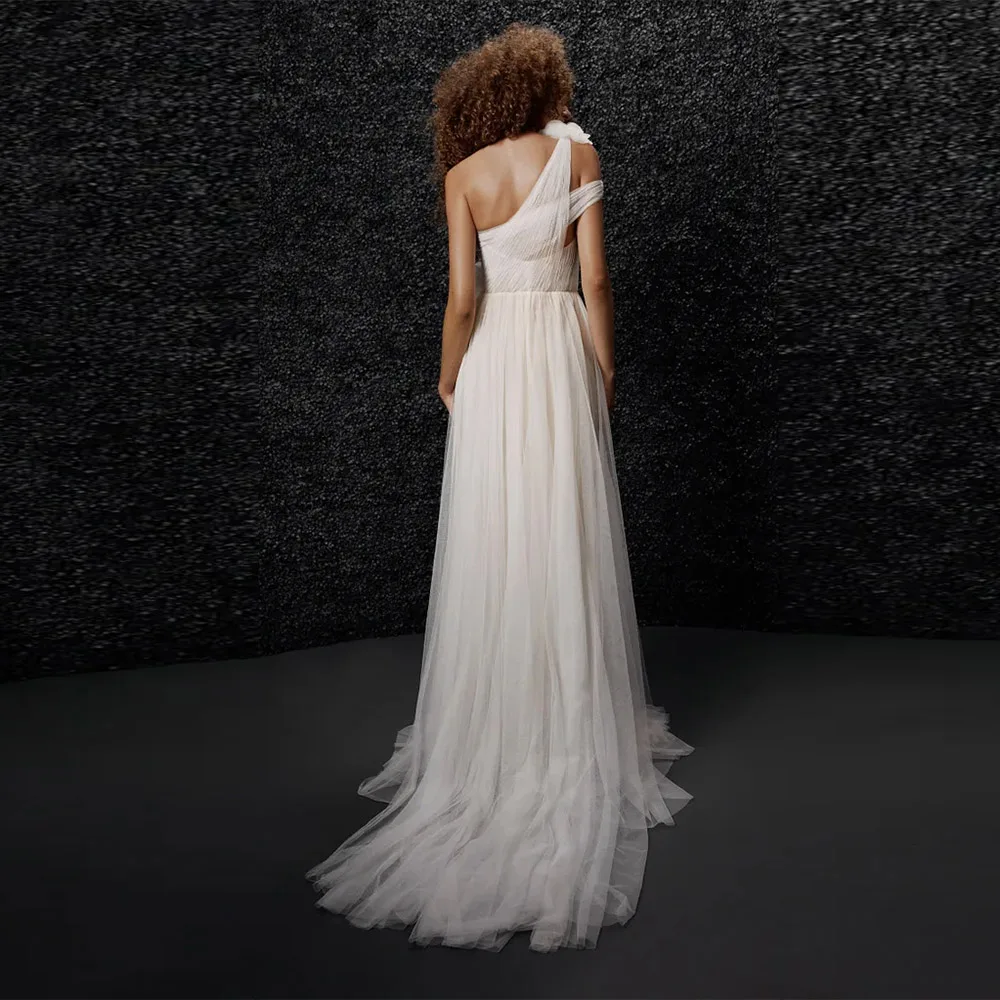 Customized Fascinating High Fork Bridal Gowns For Women A-Line One Shoulder Wedding Dresses Robes Mopping Length Banquet