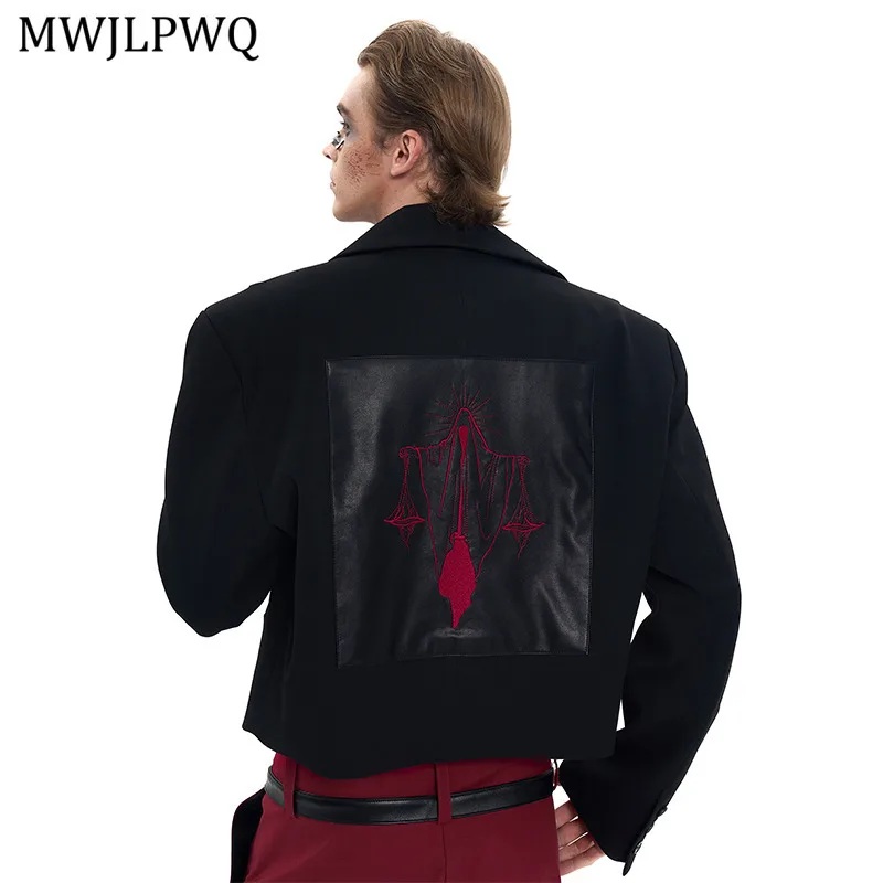 

MWJLPWQ Autumn Short Black Blazer For Men Patchwork Leather Embroidery Streetwear Street Men's Padded Shoulder Suit Jacket 11314