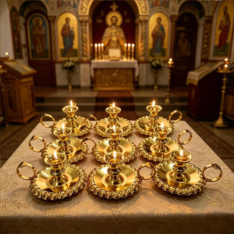 Orthodoxer Kerzenhalter aus Goldmetall mit Griff, verzierter byzantinischer Kerzenständer für Heimaltar, Kirchendekoration, religiöses christliches Geschenk – Detail 3