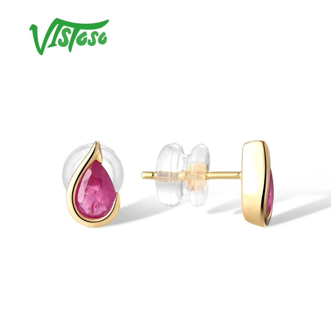 VISTOSO Genuine  9K Yellow Gold Stud Earrings For Women Sparkling Ruby Simplicity Pear Shaped Wedding Engagement Fine Jewelry