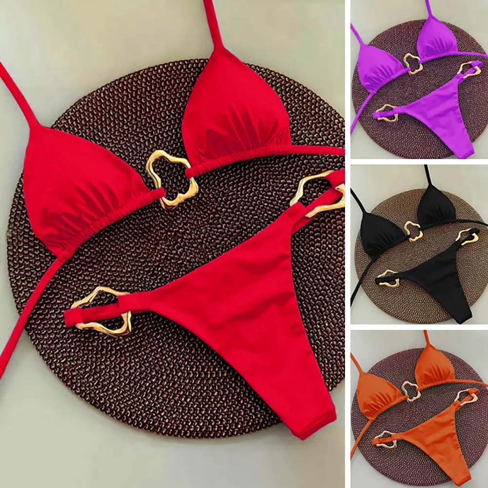 Sexy Triangle Push Up Brazilian Bikini Heart Ring Linked Swimsuit 2 Piece Side String Bikinis Swimwear Women Thong Bathing Suit