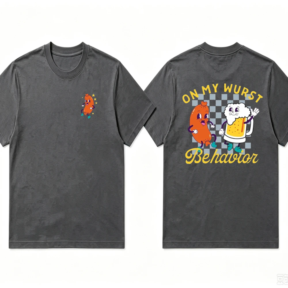 Oktoberfest on My Wurst Behavior T‑Shirt Men Women Cartoon Sausage Beer Mug Checkerboard Print Casual Short Sleeve Cotton Tops